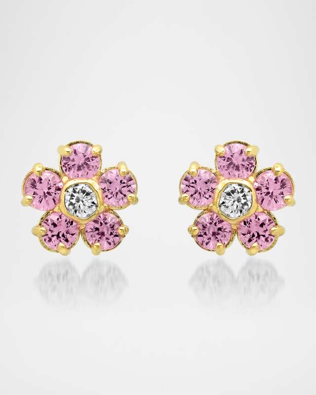 18K Yellow Gold Pink Sapphire and Diamond Flower Stud Earrings